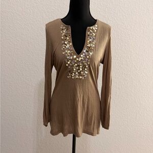 ZARA Brown Sequin Embellished Blouse Long Sleeve Stylish Neckline Glam Top